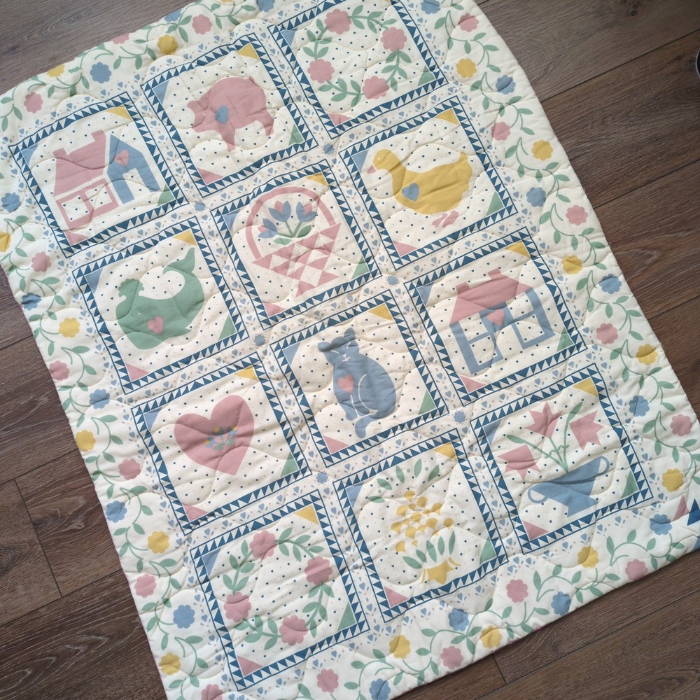Vintage 80s Baby Quilt Wall Hanging Pastel Animal Cat Whale Duck Floral Folk Art